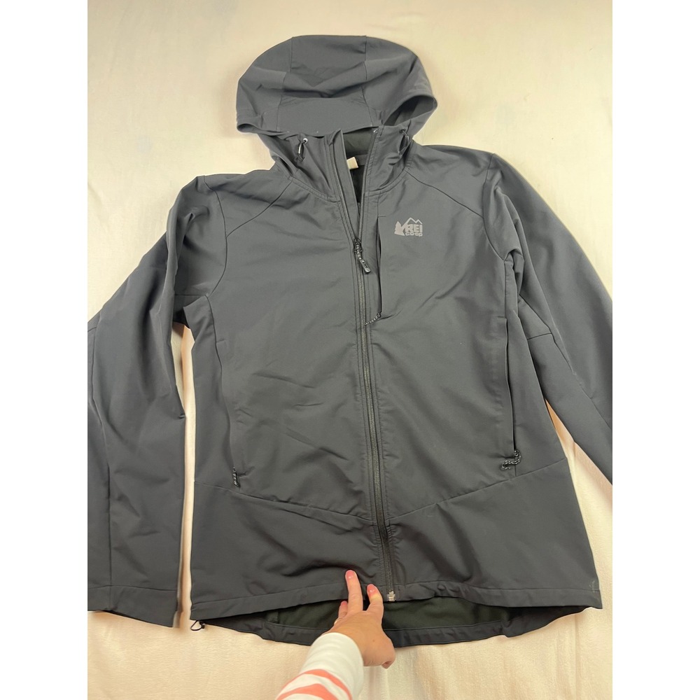 REI Co-op Mens Black Softshell Hooded Jacket Medium Full Zip Hiking Outdoor